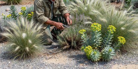 Gardener trimming spent lavender stems among healthy Stipa tenuissima and Euphorbia characias in gravel mulch