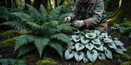 Gardener checking evergreen fronds of Dryopteris wallichiana paired with silver Brunnera leaves