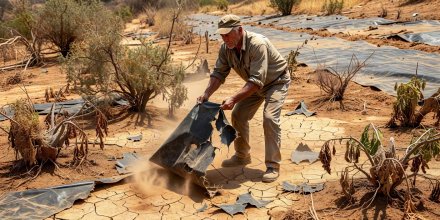 Gardener pulling up torn black weed membrane from a dry south-facing border with shrivelled shrubs
