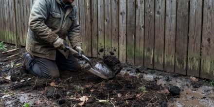 Person digging organic compost into dark damp soil at the base of a north-facing timber fence