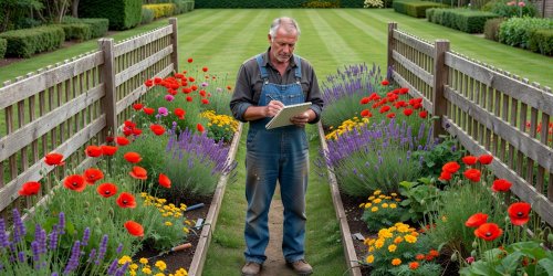 Gardener holding a notepad in a narrow terrace garden with thin 30cm flower beds along both timber fences