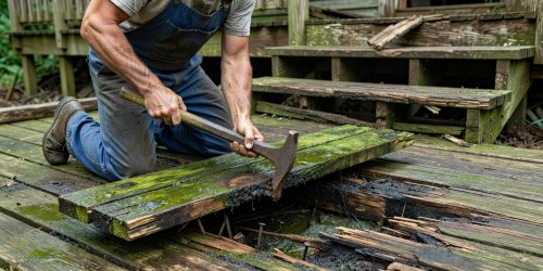 Gardener prying up a rotting algae-covered softwood deck board with a wrecking bar
