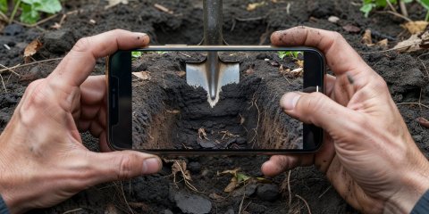 Person holding a smartphone steady to record a 5-second clip of a garden spade standing in freshly dug composted soil