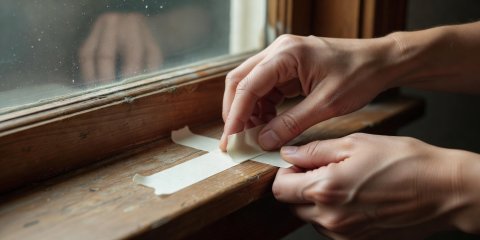 Hands placing a small piece of painter's tape on an upstairs bedroom window sill to mark a repeatable camera angle