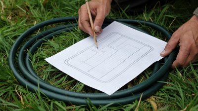 Hands laying out a garden hosepipe on grass while checking a pencil scale drawing on graph paper