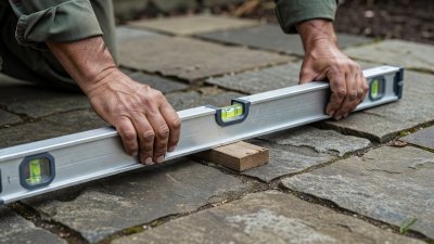Close-up of a gardener's hands holding a long aluminium spirit level on stone paving with a 15mm spacer block